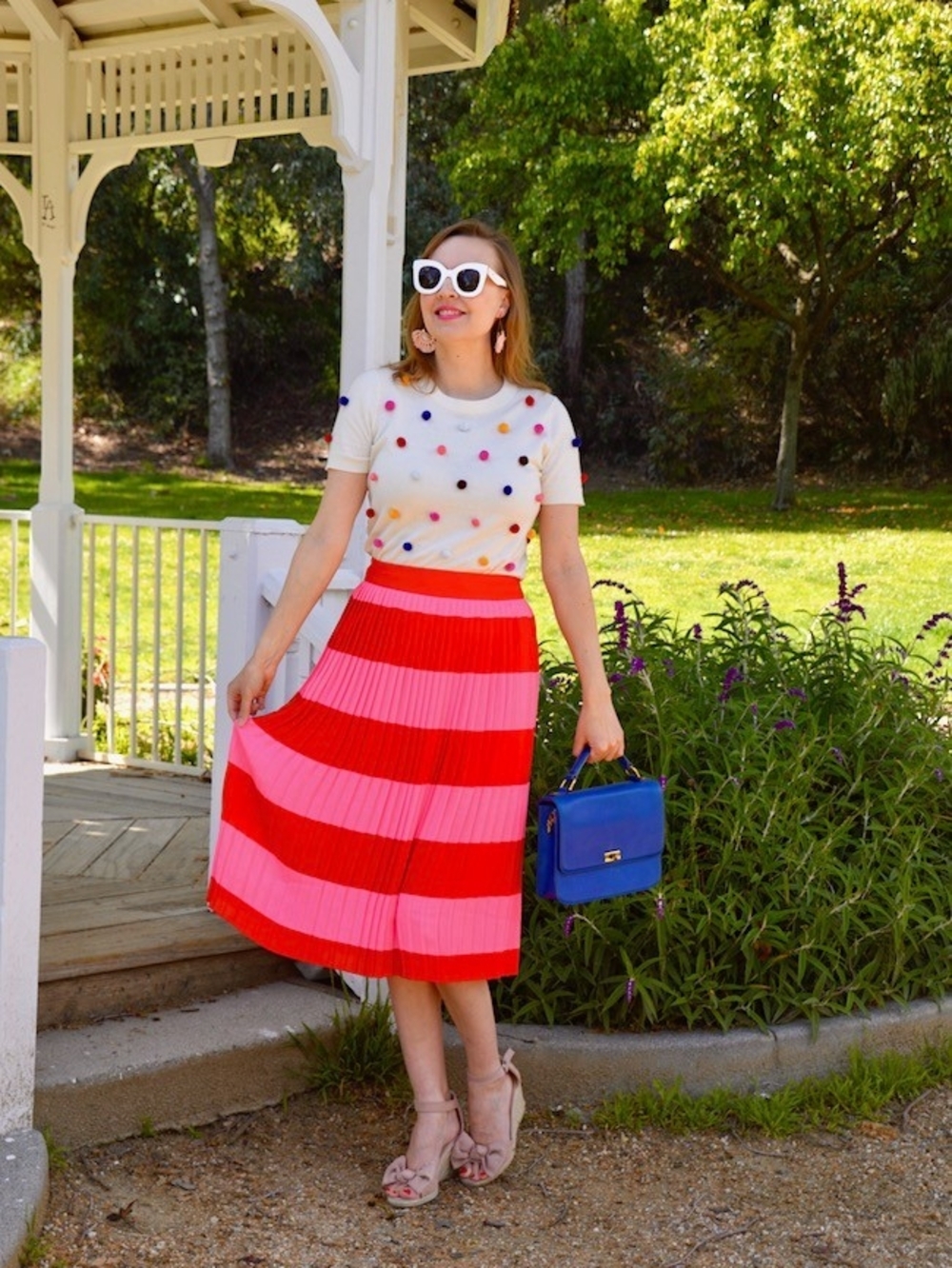 J. Crew Red and Pink Striped Pleated Midi Skirt